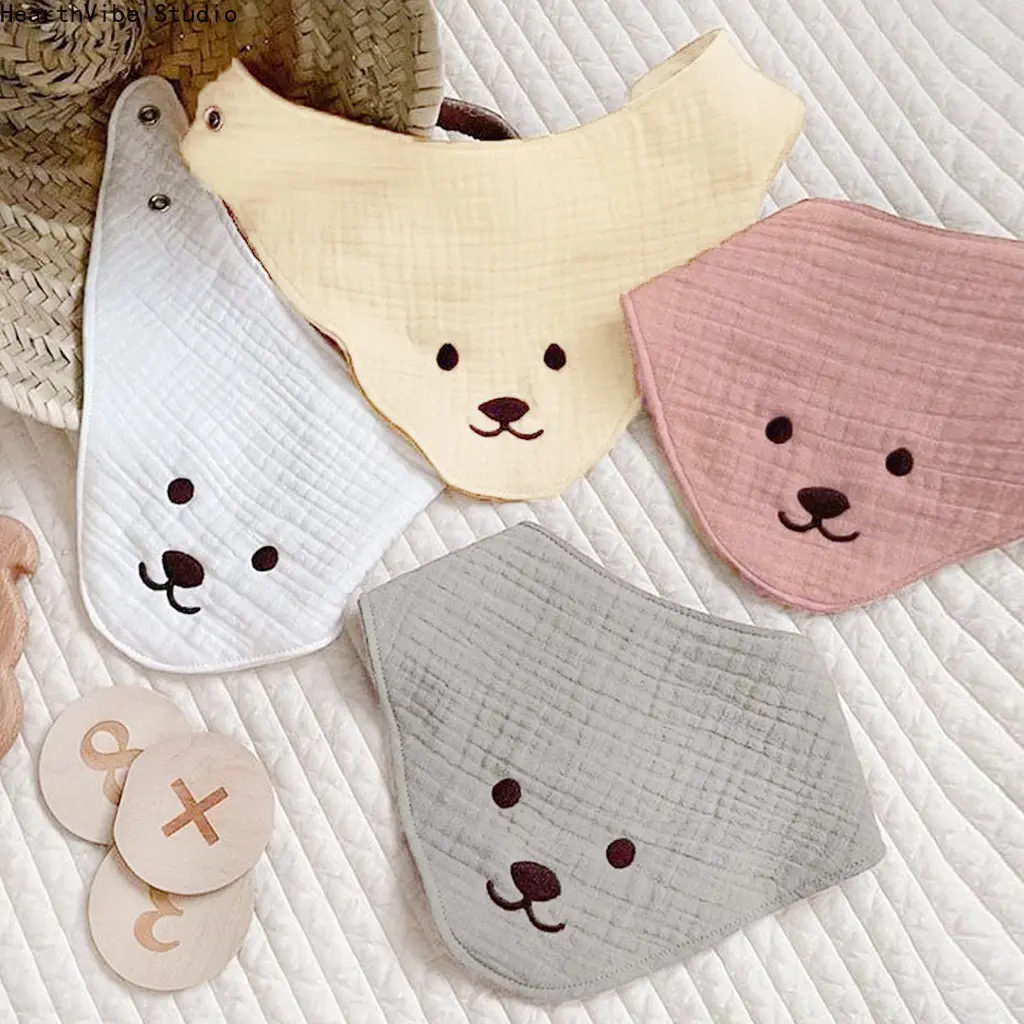 Cute Bear Muslin Bandana Bibs, Organic Cotton Drool Saliva Towel, Soft Absorbent Snap Teething Bib, Washable Lightweight Newborn Gift Set for  Boys Girls