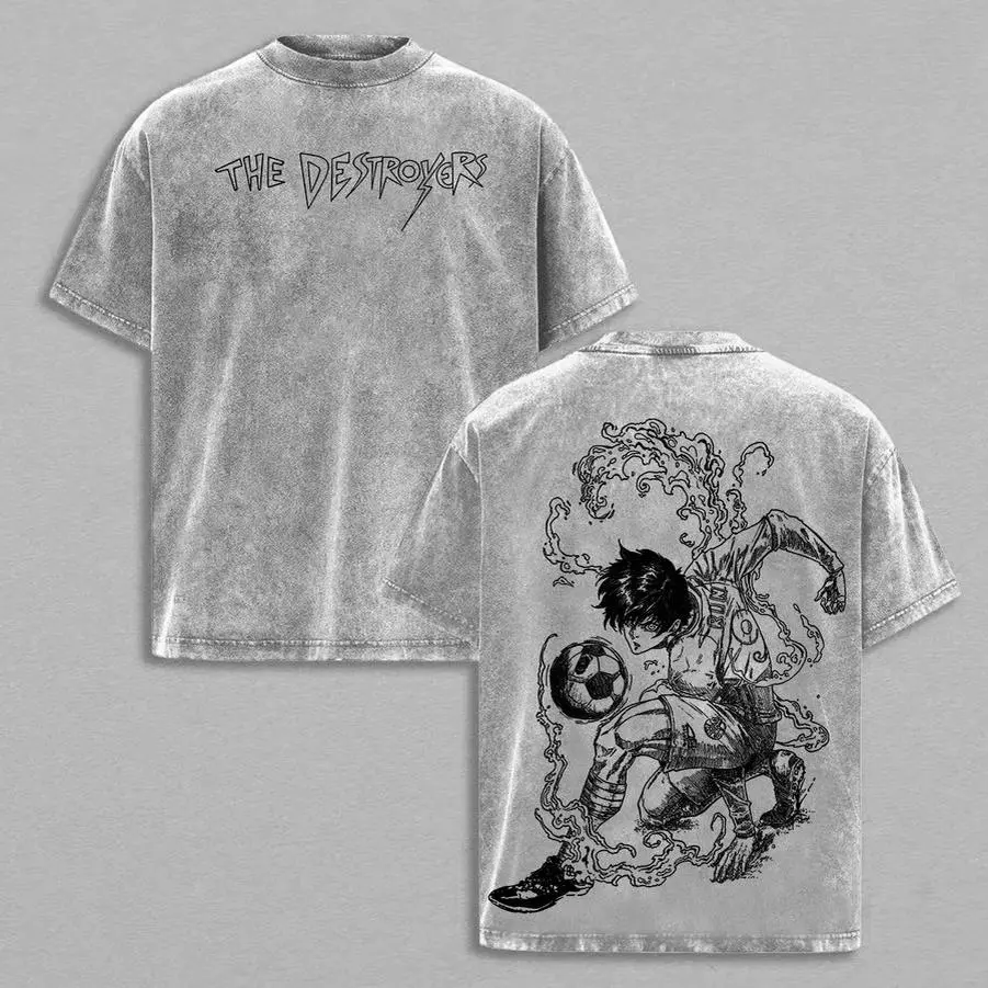 Mens Womens Unisex Washed Crew Neck T Shirt The Destroyers Gothic Graphic Chest Blue Lock Isagi Yoichi Soccer Flame Manga Line Art Back Soft Comfort Daily Anime Sports Convention Travel Short Sleeve Tee