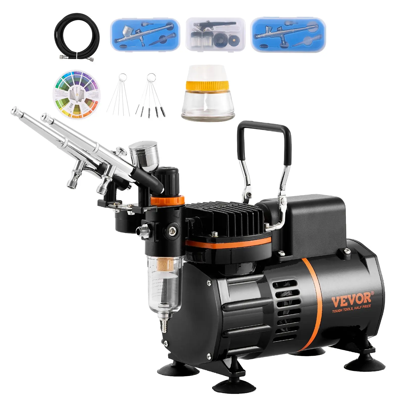 VEVOR Professional Airbrush Kit with 1/6hp Dual Fan Air Compressor, Pressure Gauge, 3x 0.2mm Airbrushes, Holder, Color Mixing Wheel, Cleaning Brush Set for Makeup, Cake, Nail Supplies, Cookie Art, 3 Brushes