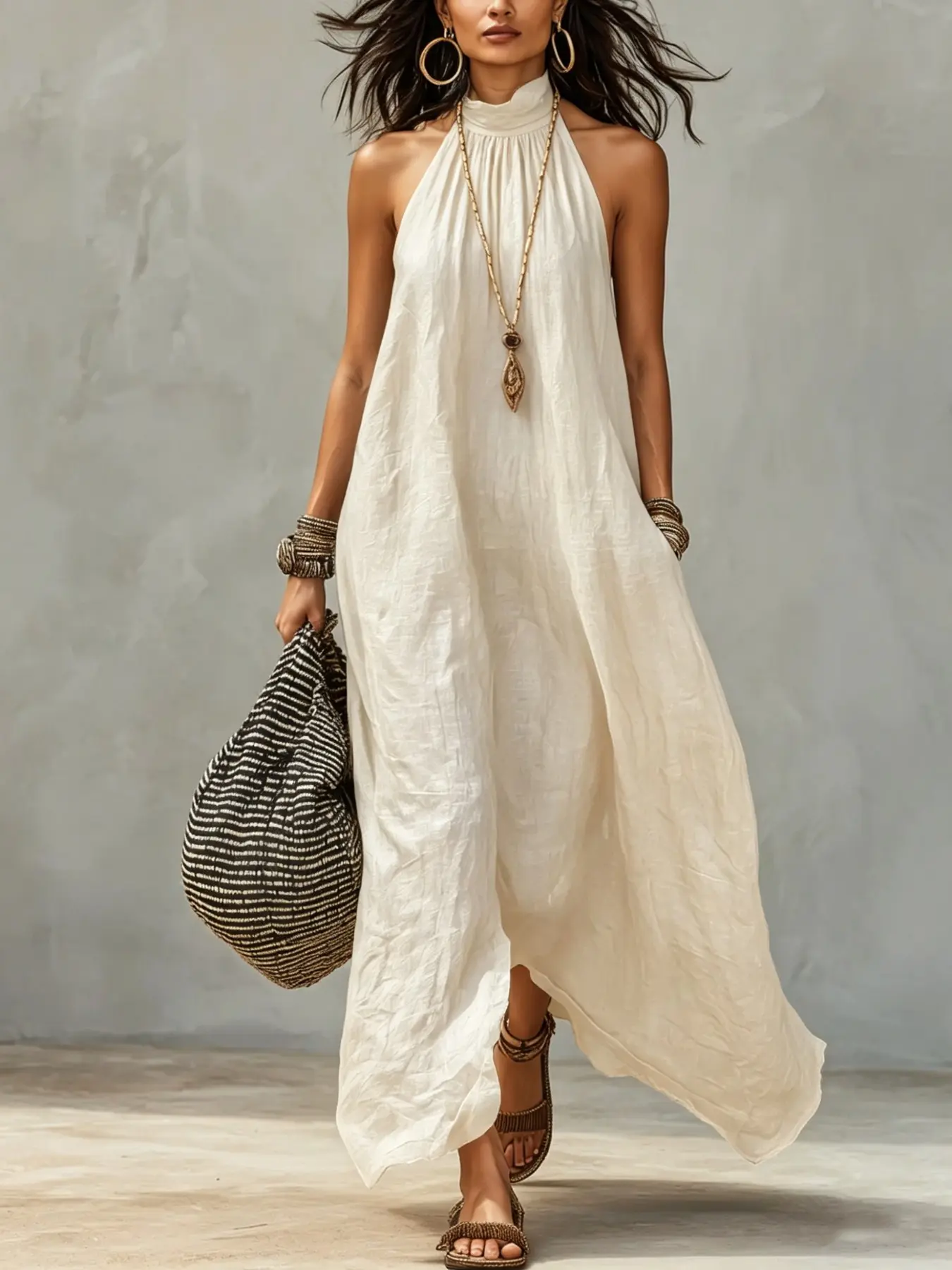 Boho Sleeveless High Neck Halter Maxi Dress, Chic Wrinkle Textured Flowy Oversized Long Dress For Summer Beach Holiday