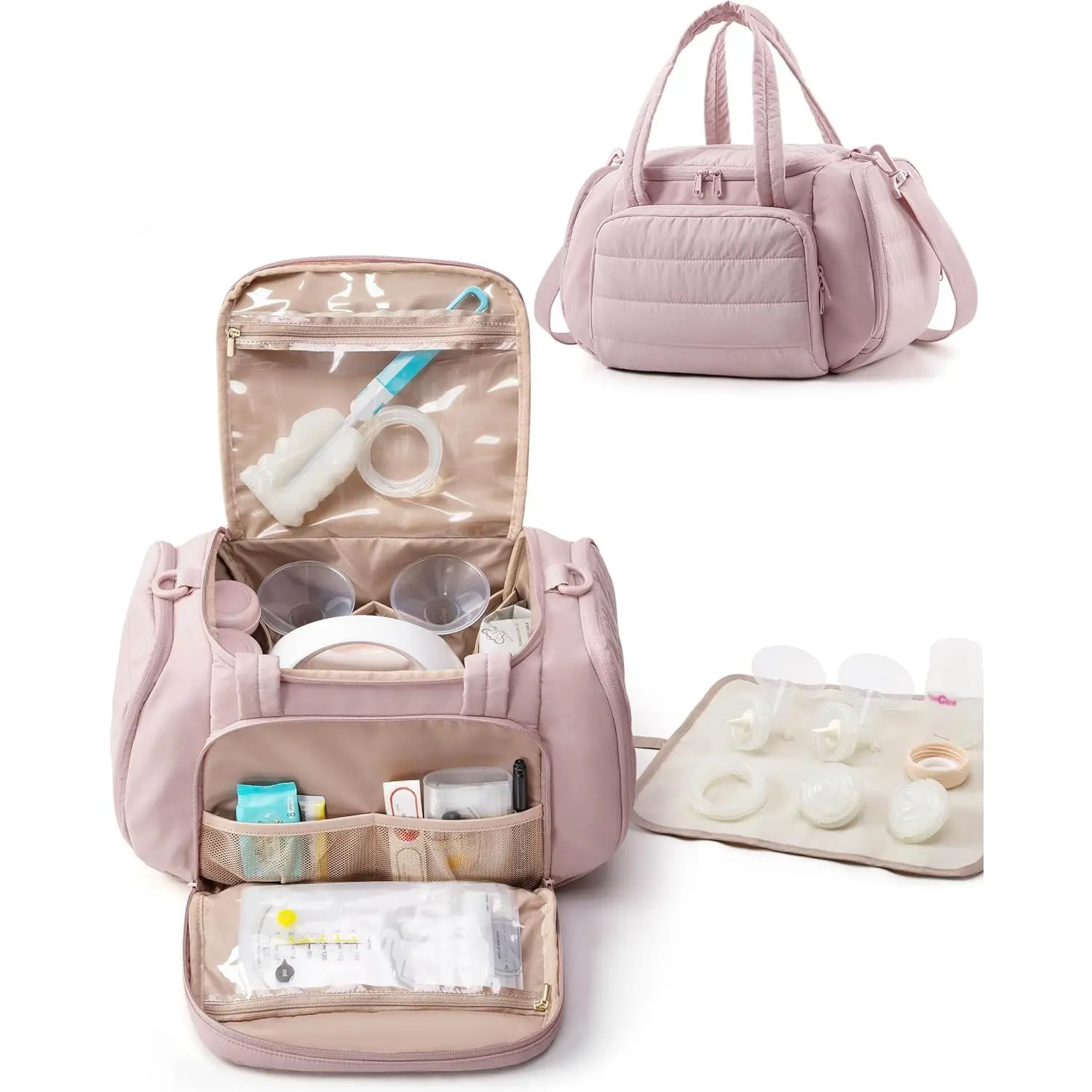 Quilted Pumping Bag for Spectra S1 & S2, Pink Tote for Moms with an Insulated Cooler Compartment and Included Drying Mat