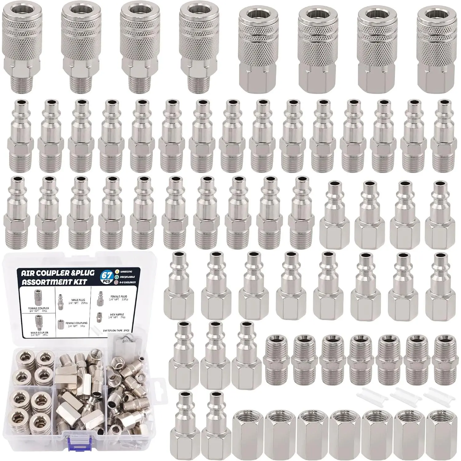 67 count Air Hose Coupler and Plug Kit,1/4 Inch NPT | Air Tool Fittings Set, Quick Connect Air Hose Fittings Air Compressor Accessories