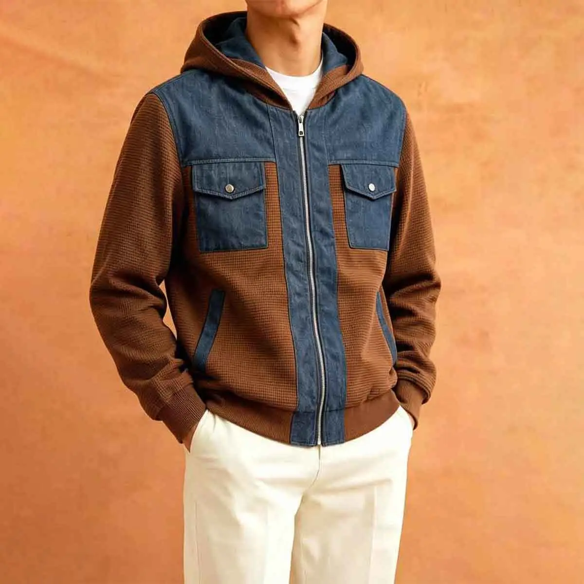 Men's color blocked waffle knit denim patch hooded jacket, full zip long sleeved hooded sweatshirt with flap chest pocket, casual loose windproof jacket, suitable for daily travel, autumn and winter fashion retro contrast stitching, lightweight hooded bas