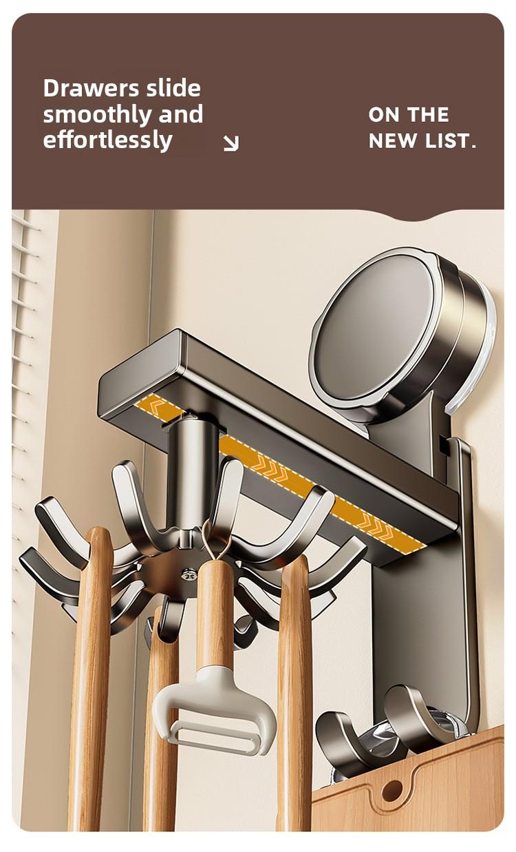 Aluminum Material Powerful Suction Cup Kitchen Rotating Hook Storage Rack No-Nail Wall-Mounted for Spatulas Spoons and Utensils Organiser Installation