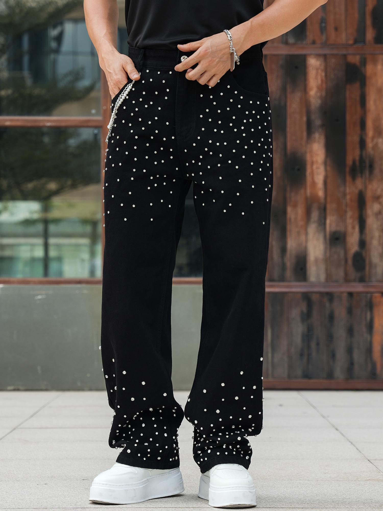 パンツ wide baggy rhinestones slacks Men's Rhinestone-Embellished Baggy Straight Black Jeans, Oversized