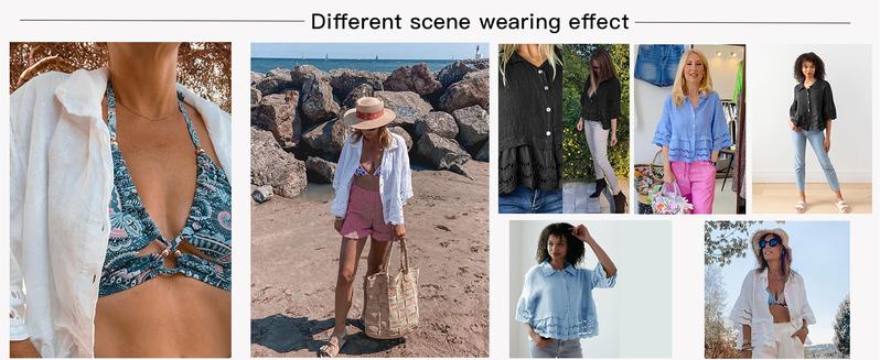 Danedvi Womens Casual Button Up Shirts Trendy Loose Hollow Out Ruffle Hem and 3/4 Sleeve Blouse Tops