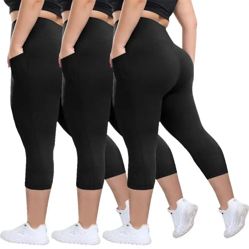 Women's 3PCS Nylon Blend Capri Length Leggings, High Waisted, Tummy Control, Peach Shape, Super Soft, No See Through, With Pockets for Running Gym Workouts, Leggings Tummy Control, Workout Yoga