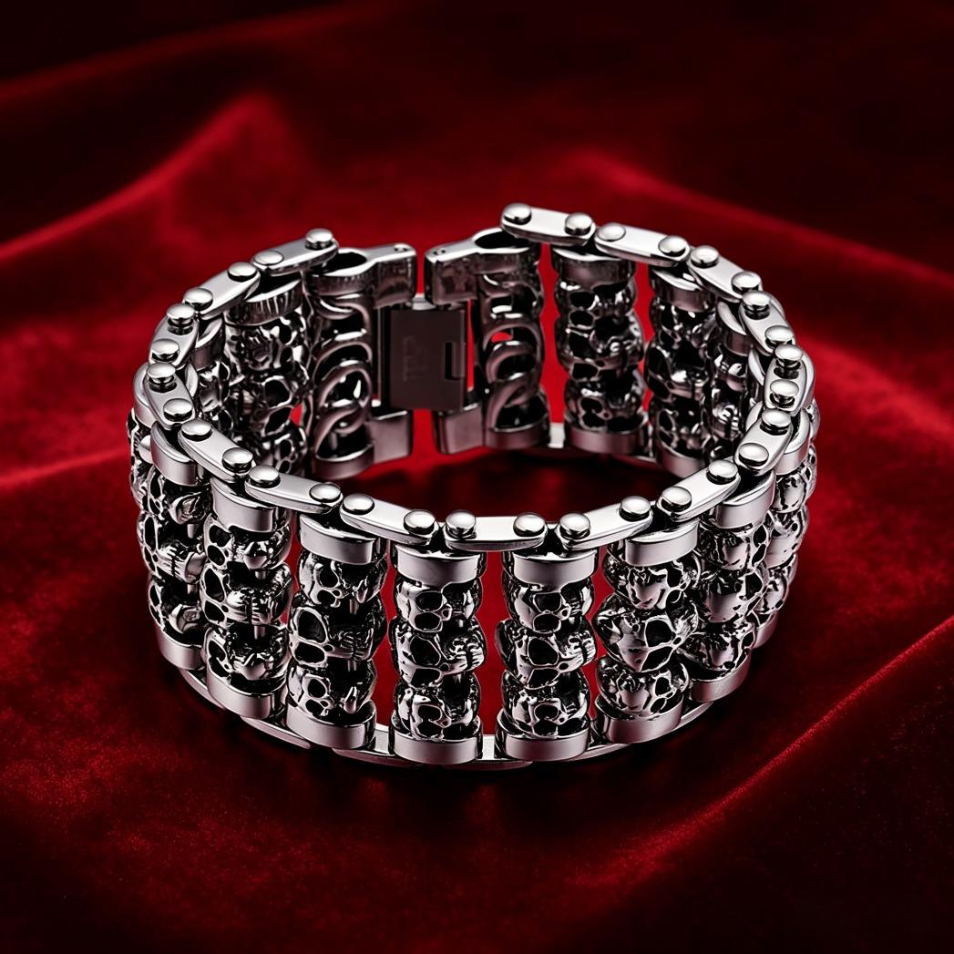 Punk 316L Stainless Steel Multiple Skull Heads Charm Bracelet for Men, Biker Hand Chain, Gothic Heavy Metal Jewelry,