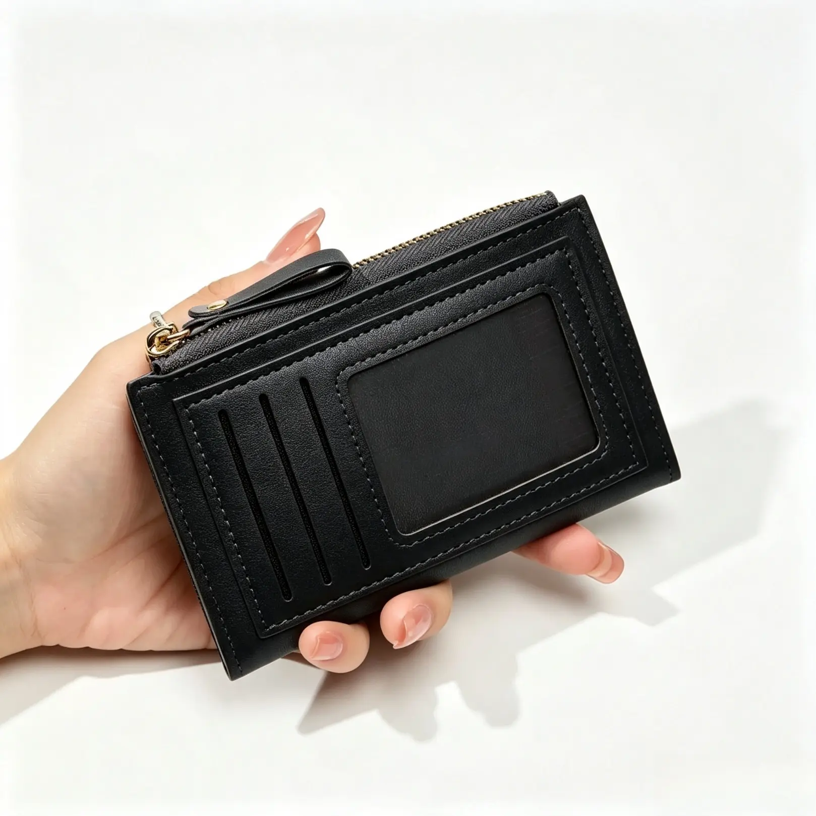 Women Solid Color Zipper Card Wallet, Slim Faux Leather Coin Purse With ID Window, Multi Card Slots Mini Wallet, Portable Daily Purse For Shopping Travel, Sweet Holiday Gift For Her