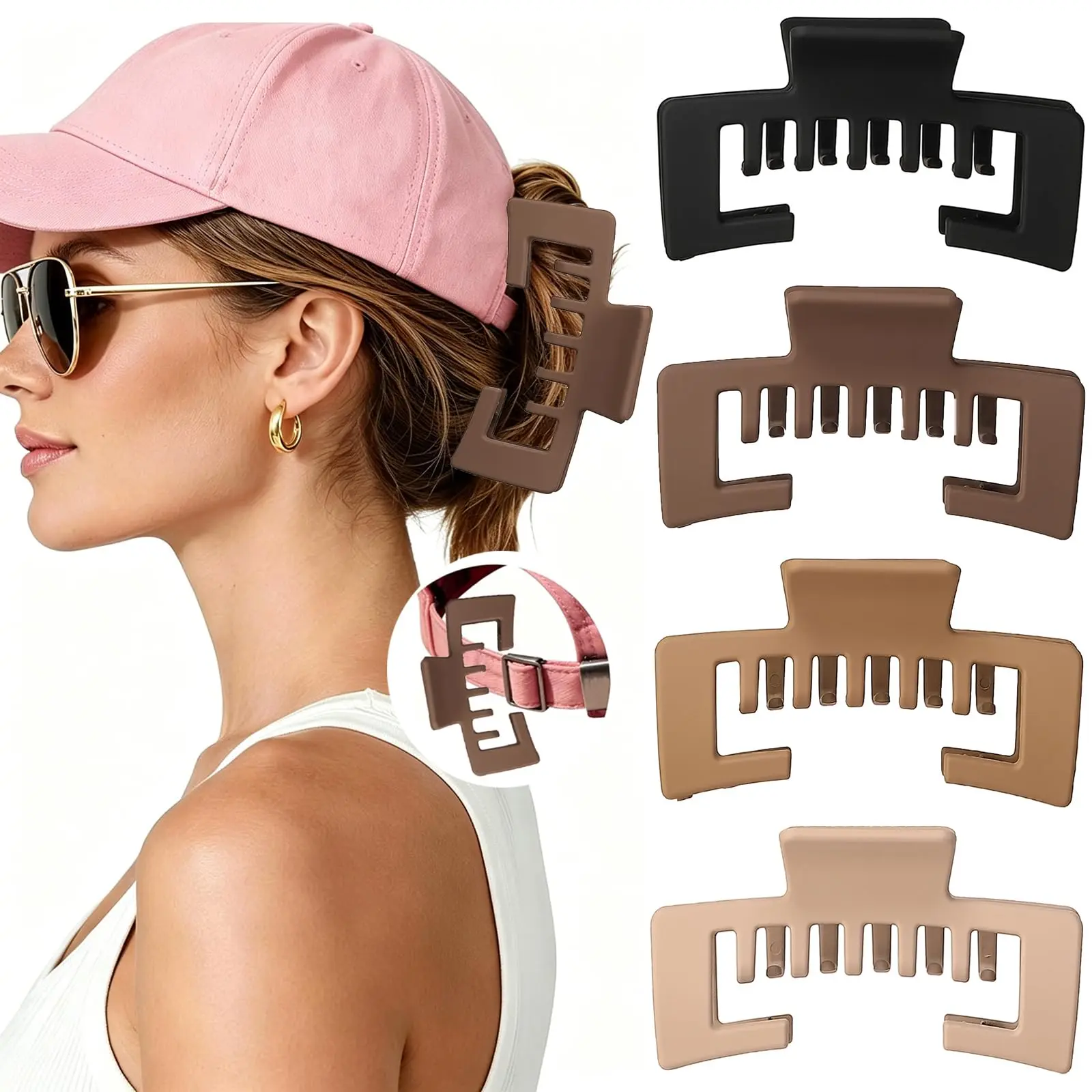 Hats Claw Clips for Women, Hat-Friendly Hair Clips for Trucker Hats and Baseball Caps, Matte Non-Slip Strong Hold Hair Claw Clips for Thick Thin Hair