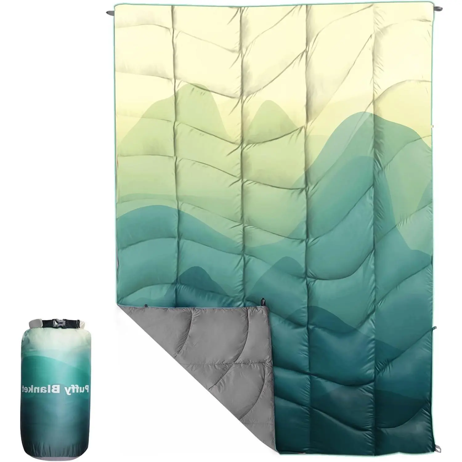 Outdoor Puffy Camping Blanket, Large Outdoor Blanket Waterproof, 55*79'' | Lightweight Down Alternative Printed Warm Packable Camping Quilt for Traveling Picnic Beach Cold Weather, Green Mountain