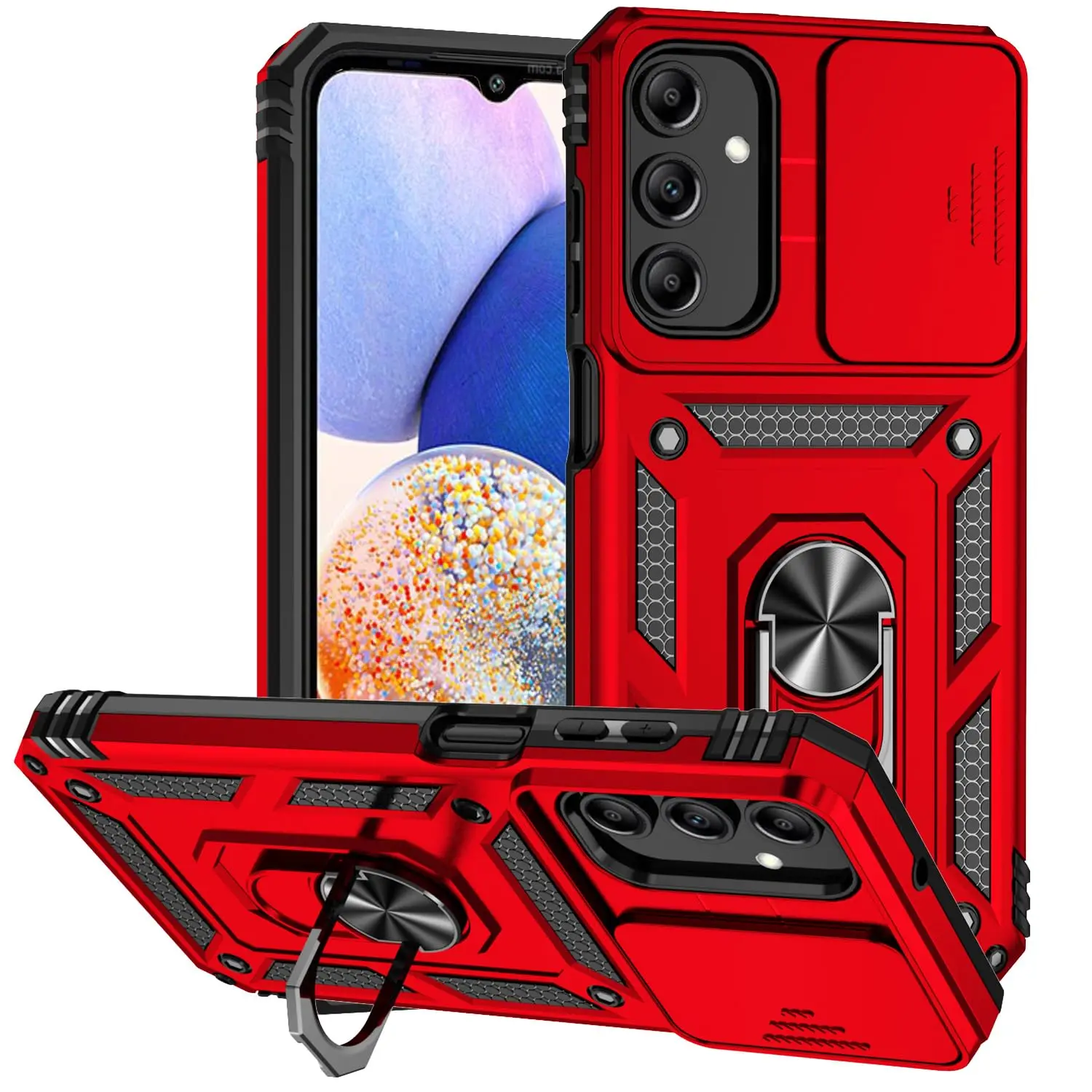 For Samsung Galaxy A14 16 35 36 5G Case with HD Screen Protector &amp;   Slide Camera Cover &amp;   Rotated Ring Kickstand, [Military-Grade] Phone Case for Galaxy A15 5G, Red