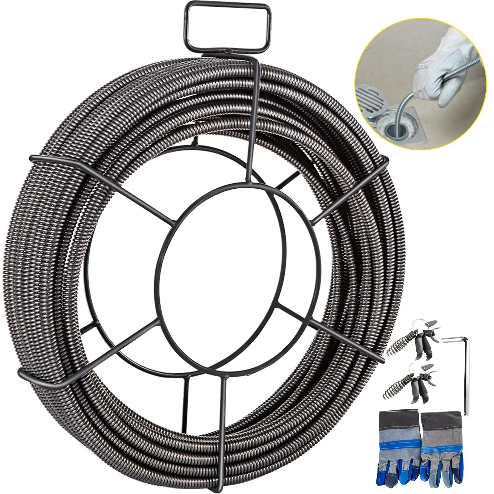 VEVOR Drain Cleaning Cable 100 FTx 3/8 Inch, Solid Core Steel Sewer Cable with 4 Cutter for 2" to 4" Pipes, Sewer Auger Cleaner Cable for Sink, Floor Drain, Toilet