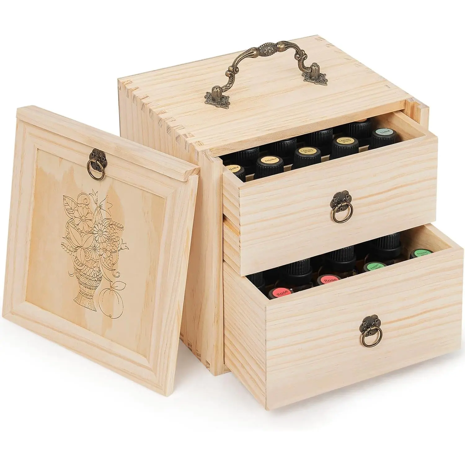 Wooden Essential Oil Storage Box for 40 Bottles, Holds 5-30ml | with 2 Drawer, Hard Shell Essential Oils Holder Organizer for  & Doterra Bottles, with Labels & Dividers