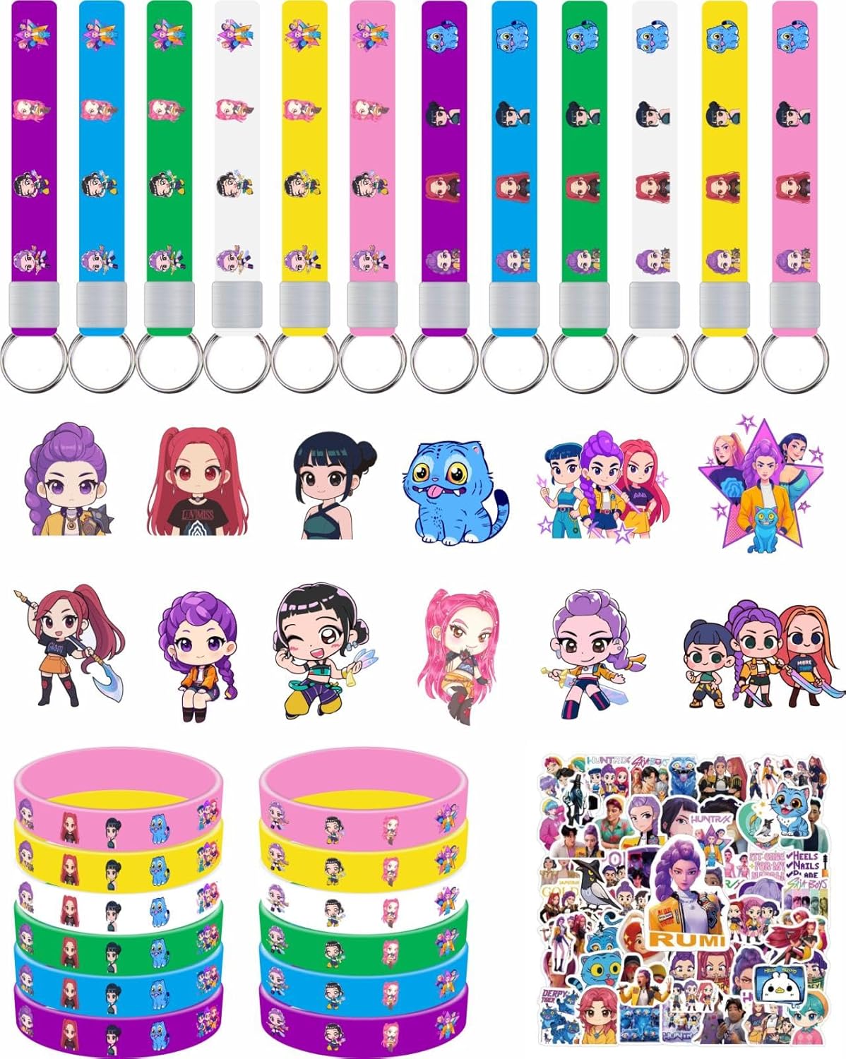 86PCS! Demon Movie Hunter Birthday Party Supplies, 86-Piece Birthday Party Decoration Set Including 12 Bracelets, 12 Acrylic86pcs! Pins, 12 Keychains, 50 Stickers, Suitable for Boys and Girls Cartoon Theme Party.Toys and Games Best-Selling Accessories