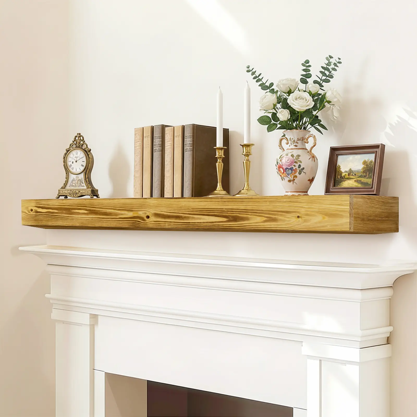 60-Inch Rustic 1-Layer Wood Floating Fireplace Mantel Shelf, Handcrafted Wall-Mount Shelves with Invisible Mounts, Includes Brackets for Easy Installation, Lightweight Farmhouse Home Decor for Living Room