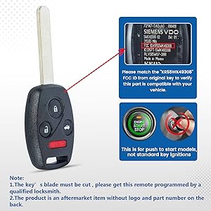 Replacement Smart Remote Car Fob for Honda Accord Sedan 2008-2012 Pilot LX EX 2009-2015 KR55WK49308 267T-5WK49308 5WK49308 313.8MHz ID46 Chip 4Buttons