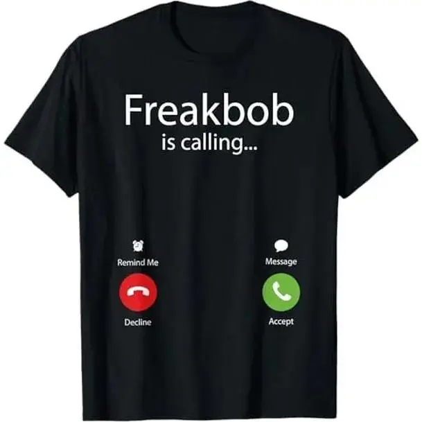 Men's Classic Graphic T-Shirt, Soft Cotton 'Freakbob Is Calling' Crew Neck Tee, Lightweight Breathable Basic for All Seasons, Basics, Loose-Fitting, Machine Washable, Pull On, Short Sleeve, Size Down, True-To-Size, Comfy, Top, Tshirt, Shortsleeve, Casual,