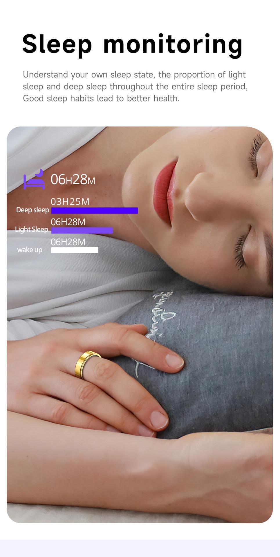 A smart multi-functional health ring with features such as motion step counting, Bluetooth photography, heart rate monitoring, blood oxygen measurement and sleep monitoring. A fashionable wearable smart ring.