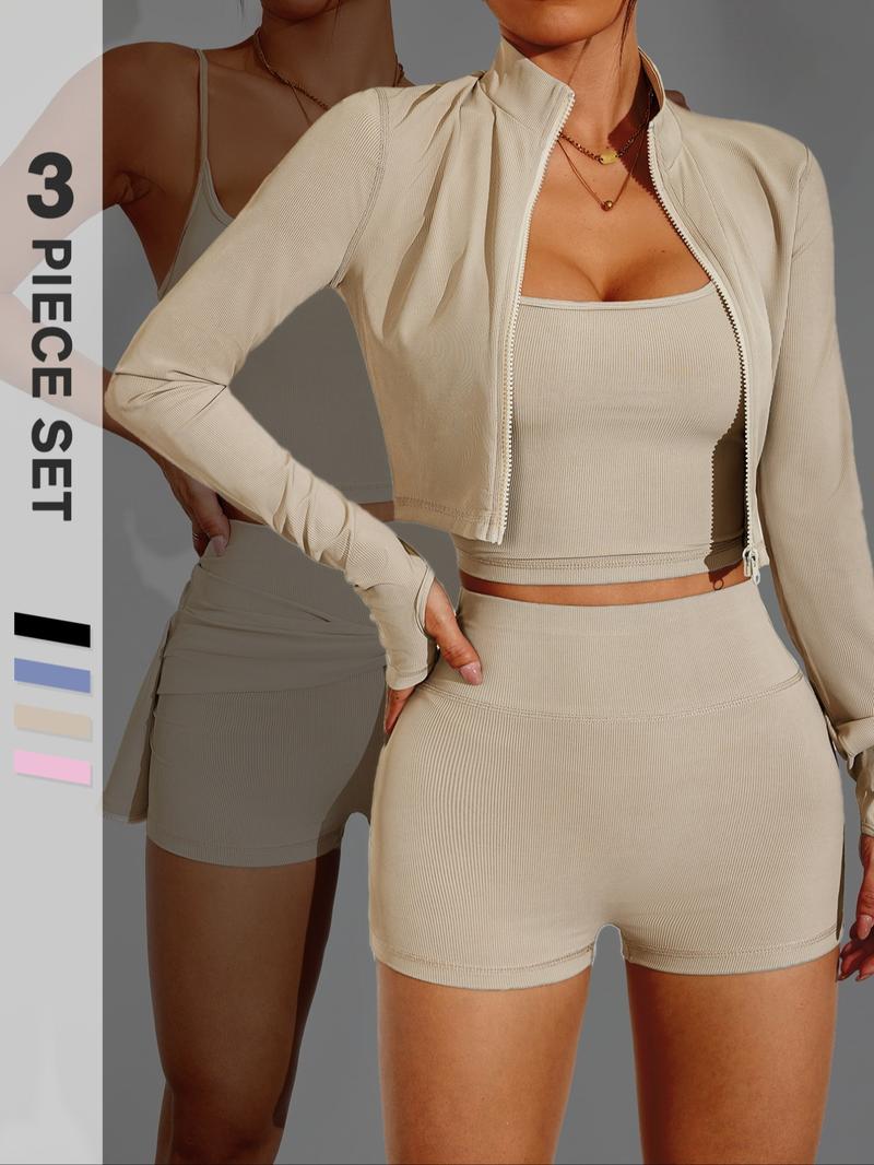 Three-Piece Set Women's Solid Crop Cami Top & High Waist Skinny Shorts & Long Sleeve Thumb Hole Zip Up Stand Collar Jacket Set, Slim-fitting Sporty Tummy Control Butt Lifting Sportswear Set for Yoga Gym Workout Running, Workout Running Clothes