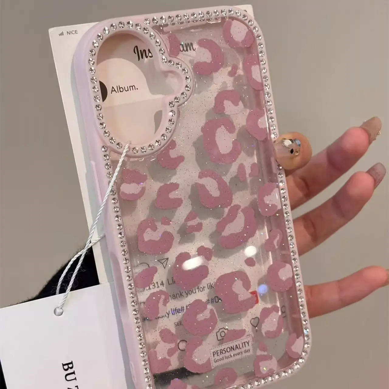 Diamond-studded black and pink leopard print iPhone 14/13 case suitable for Apple 17/16/15 PRO MAX, shockproof fashion woman gift stylish trendy
