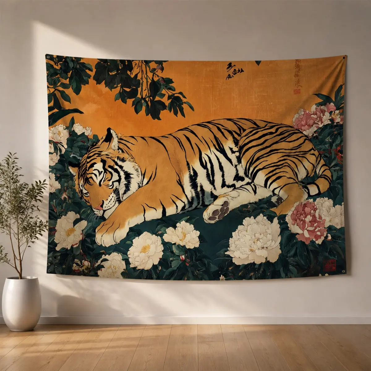 Japanese Style Tiger Photo Tapestry Wall Hanging - Animal Artwork with Floral Jungle Design, Home Decor for Bedroom, Living Room Supplies, Flowers