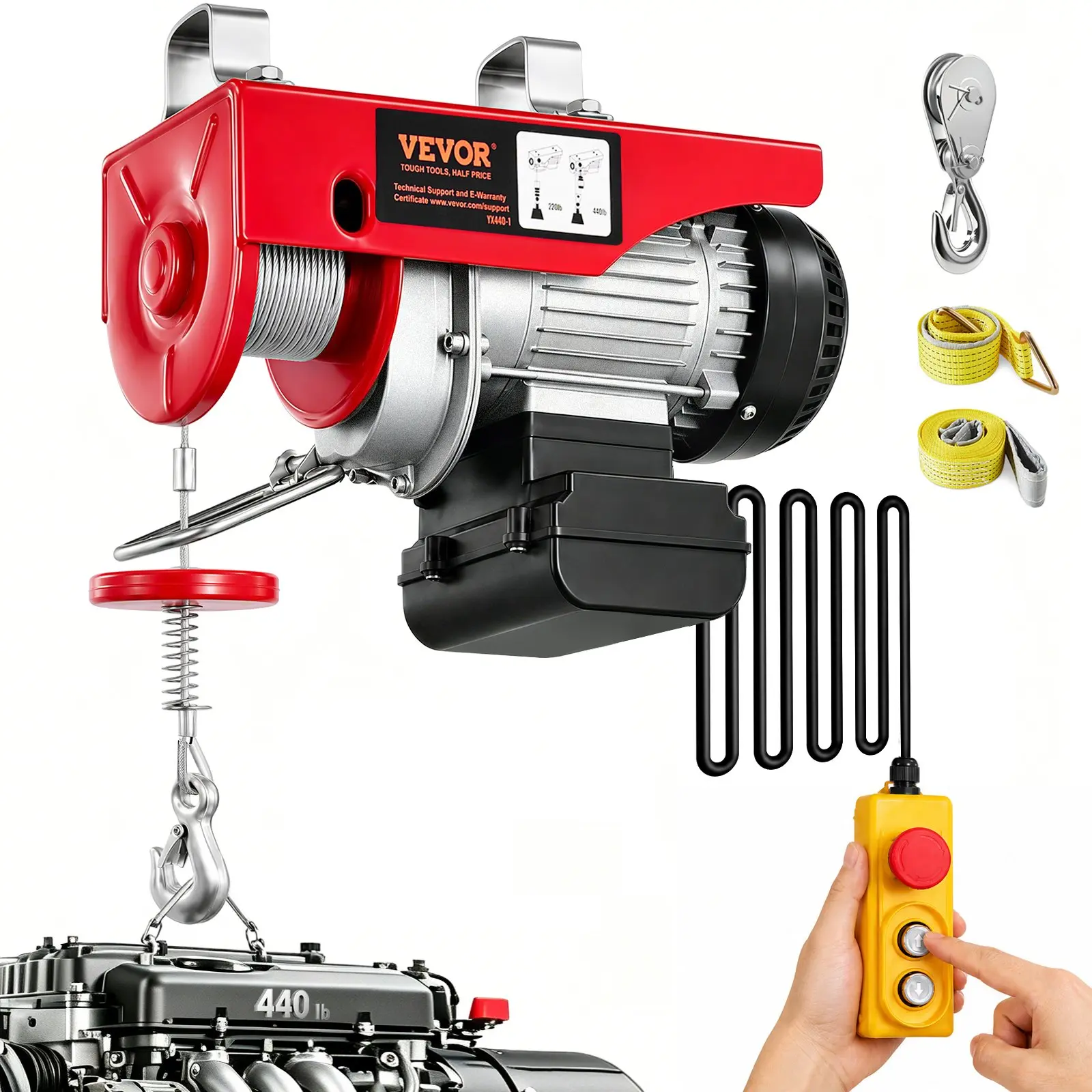 VEVOR Electric Hoist, 440lbs Garage Hoist with 14ft Wired Control, 110 volt Electric Hoist Winch 40ft Single Cable Lifting Height, Pure Copper Motor and Emergency Stop Switch