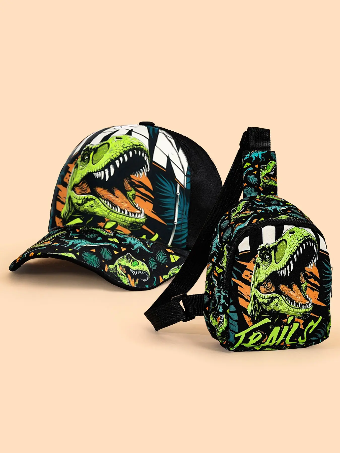 2pcs Kids Dinosaur Print Baseball Hat + Small CrossbodyBag Set, Adjustable Strap, Fashionable for Boys Aged 3-6, Perfect Gift