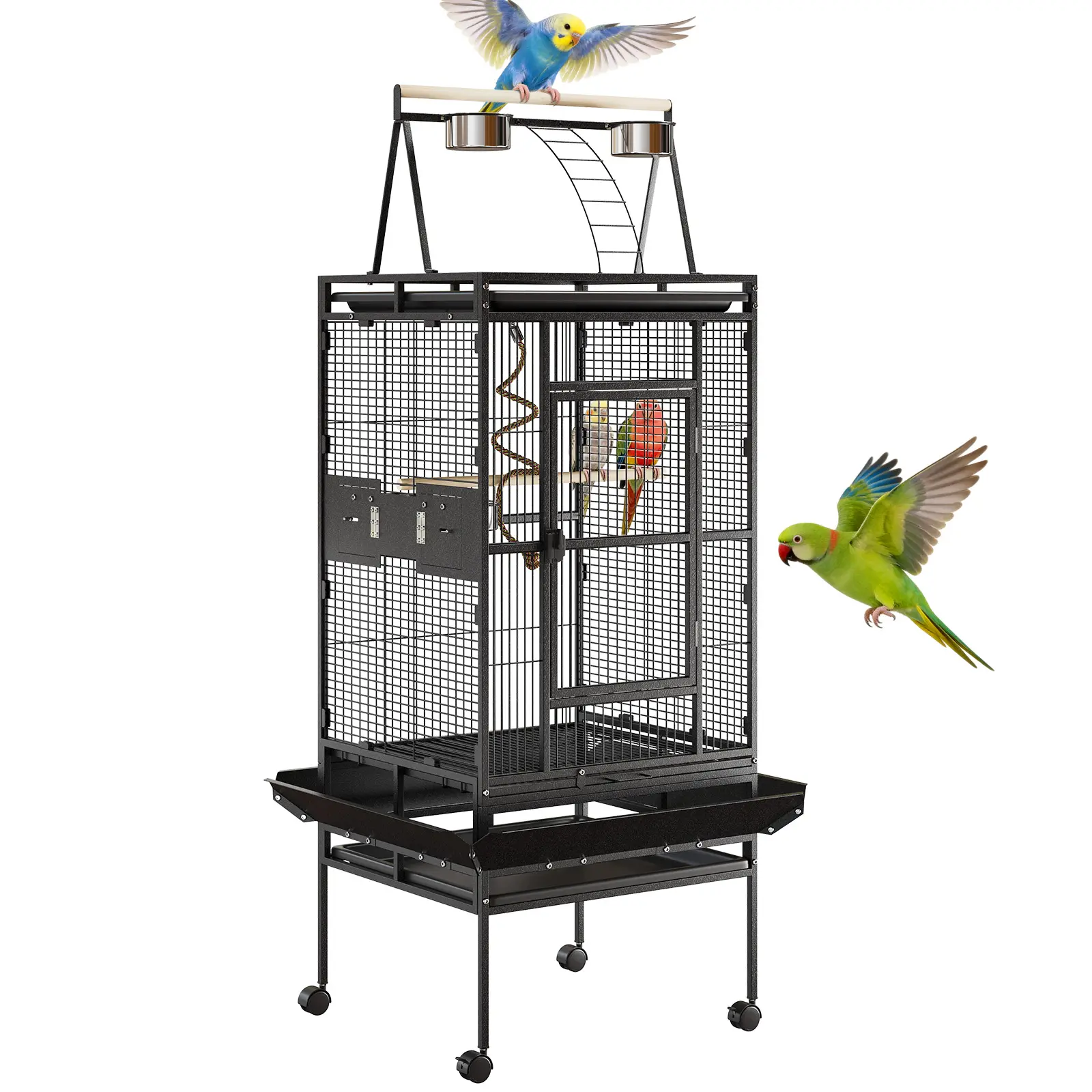 67" Bird Cage with Playtop & Rolling Stand – Steel Aviary for Cockatiels, Conures & Lovebirds, Removable Tray, Easy-Clean Indoor Parrot Cage