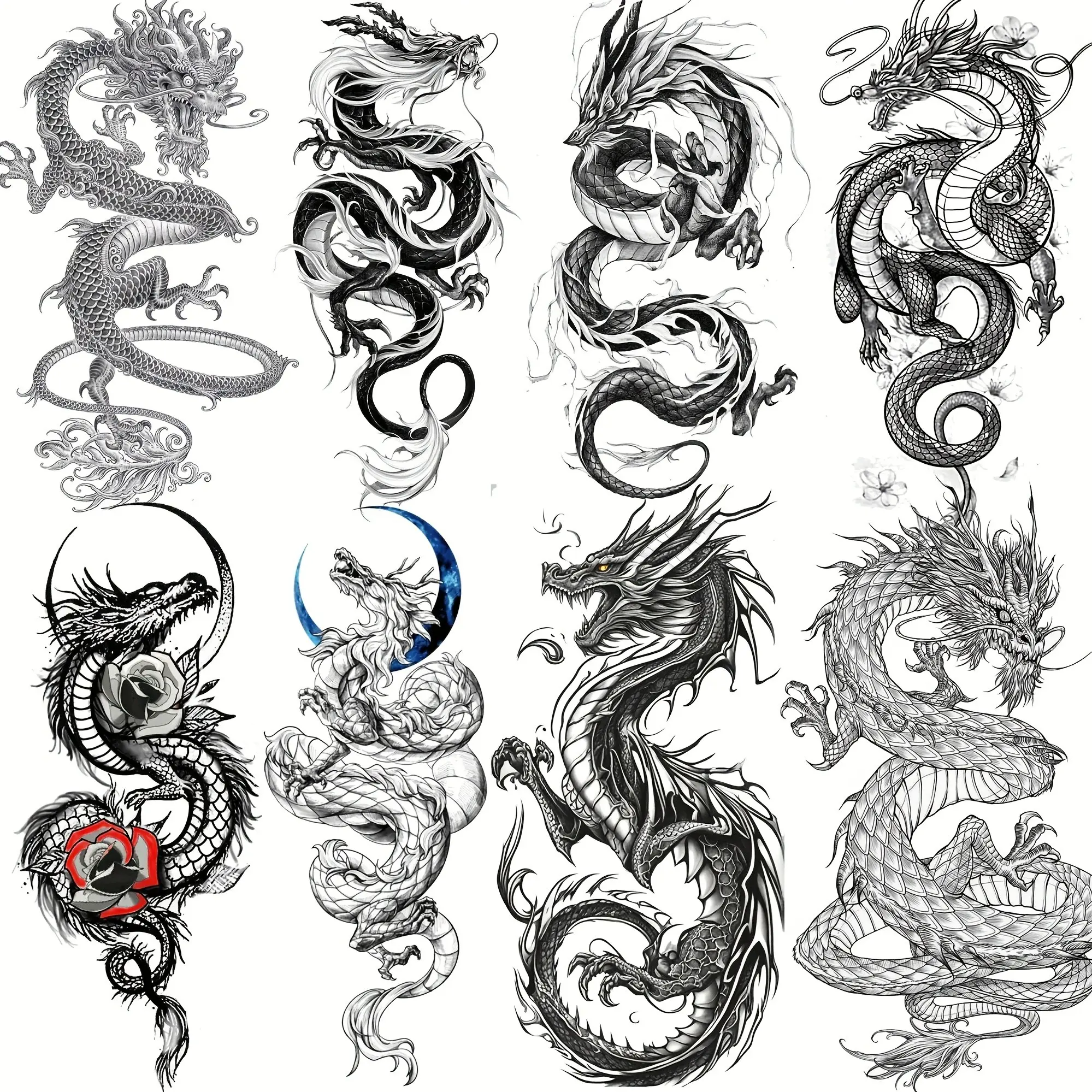 8 Sheets Cool Dragon Temporary Tattoos, Realistic Dragon Tattoo Sticker, Waterproof Tribal Totem Fake Tattoos, Long Lasting Set Kit, Tattoos Stickers
