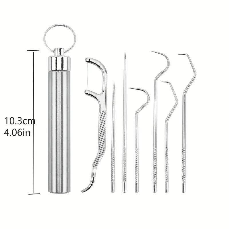Stainless Steel Toothpick Pocket Set, 7 Counts Portable Dental Floss Pick, Teeth Cleaning Kit Keychain Design, Metal Toothpicks Oral Care Hygiene Products, Oral Care Tool