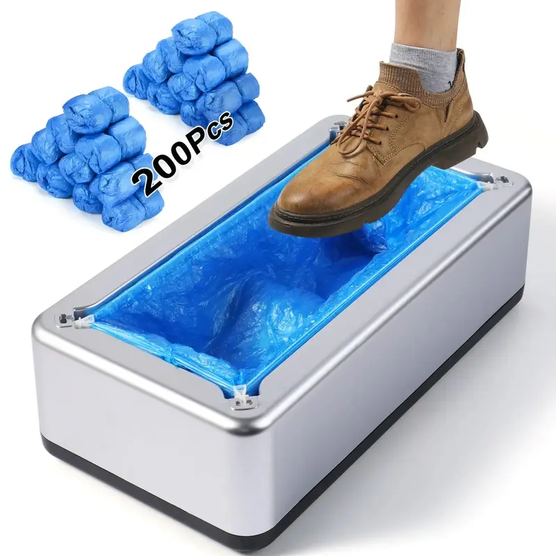Shoe Cover Machine with 200 Shoe Covers, Disposable Non-Slip, User-Friendly and Durable Shoe Cover Machine, Suitable for Men's Sizes Up to 11 in the USA, Widely Applicable for Indoor Use, Hospitals (Silver) Household Items