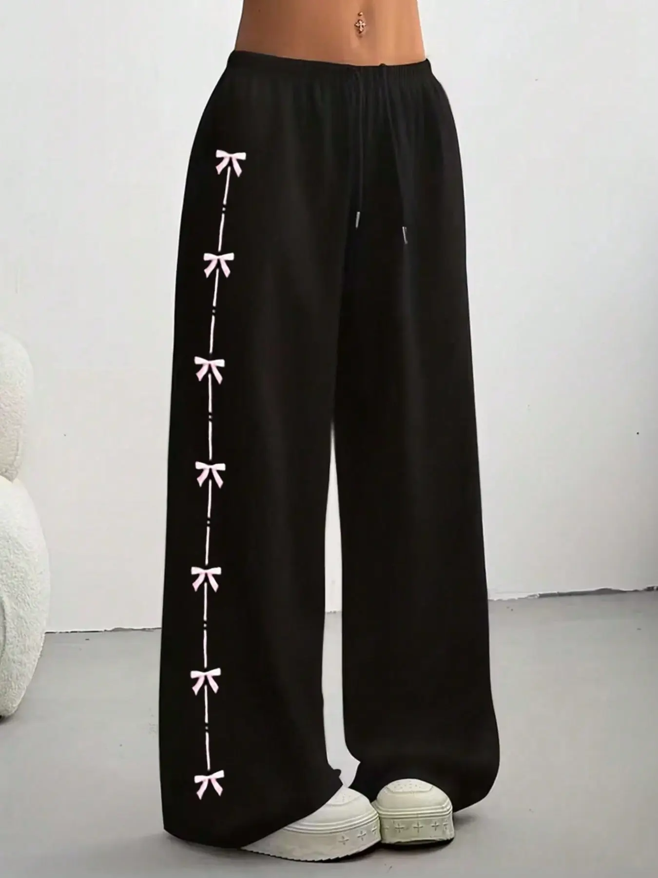 Women's Bow Print Wide Leg Baggy Sweatpants, Y2K Casual Style, Elastic Drawstring Waist, Soft & Comfy, Perfect for Streetwear/college