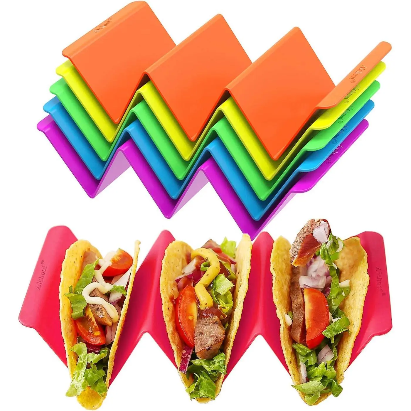 Colorful Taco Holder Stands Set of 6 - Kitchen Household Products, Premium Large PP Health Material Trays, Sturdy, Holds 2-3 Tacos Each, Dishwasher & Microwave Safe