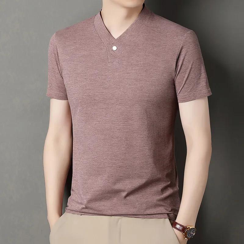 Kyn Apparel 2026 Korean Style Men's Casual and Fashionable One Button V-neck Solid Color Short Sleeved T-shirt Summer Versatile Top