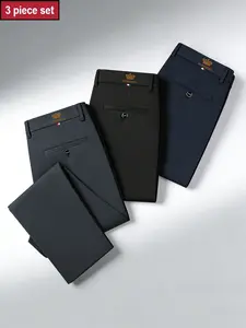 3-Pack Men's High-Stretch Straight Fit Business Pants, Wrinkle-Resistant, Non-Iron, Breathable, All-Season, Multi-Color, Formal Trousers for Office & Casual Wear