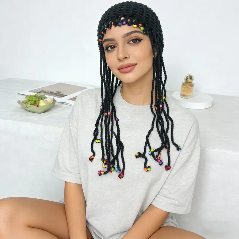 Hand Crochet Beaded Braid Tassel Headwrap, Hollow Knit Bohemian Braided Hair Cover, Ethnic Style Decorative Head Scarf Cap for Festival & Photoshoot