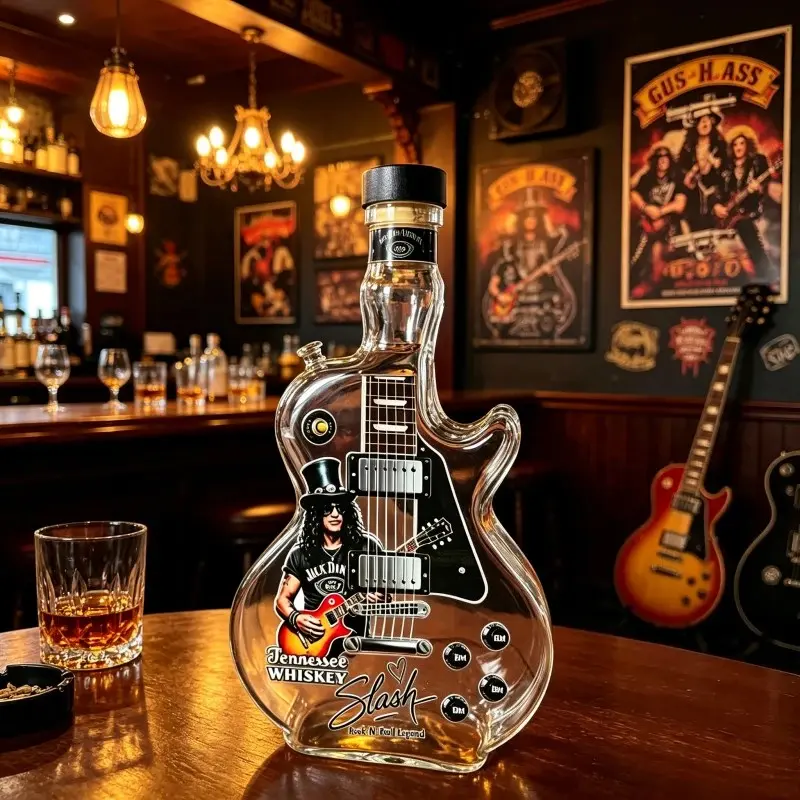 Vintage Sunset Gradient Guitar Whiskey Decanter, Durable Glass, Unique Music Design, Collectible Bar Decor, Rock Fan Whiskey Bottle