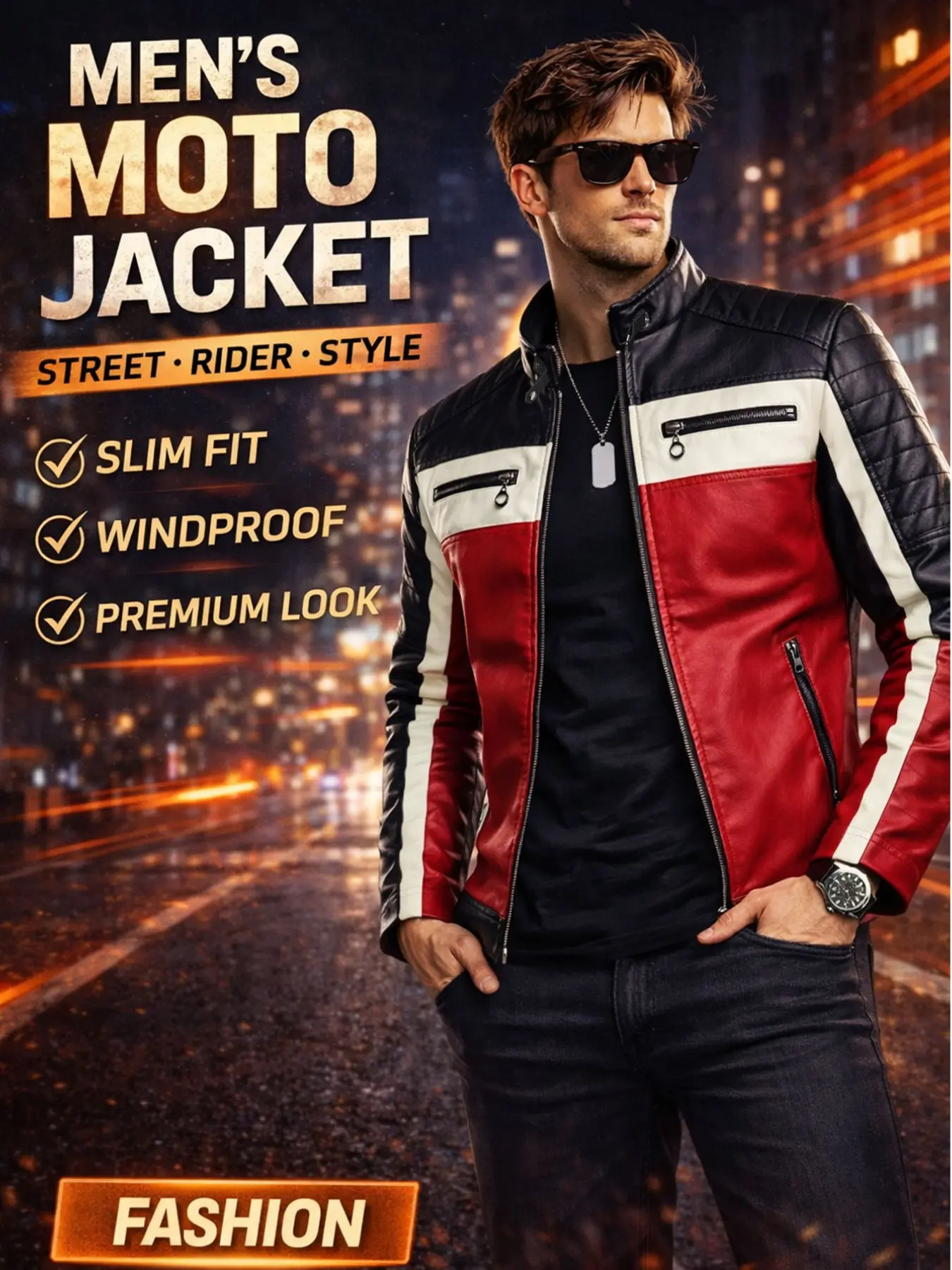 Men's Motorcycle Jacket, Patchwork Fashion Jacket, Stand Collar Zipper Racing Windbreaker, Slim Fit Street Riding Jacket, Perfect for Motorbike Travel, Jacket Sporty Style