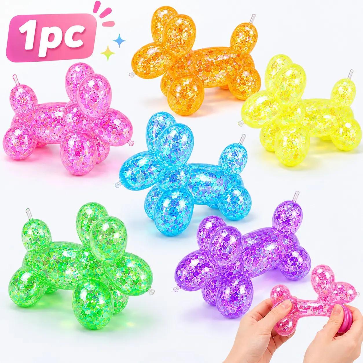 Cute Glitter Balloon Dog Squishy Toy, Sparkly Squishies, Satisfying Slow Rising Fidget Toy, Soft Stretchy Squeeze Stress Relief Toy, Sparkly Sensory Desk Toy for Relaxing, Home, Office, Travel, Birthday Gifts and Daily Fun（1 PC）