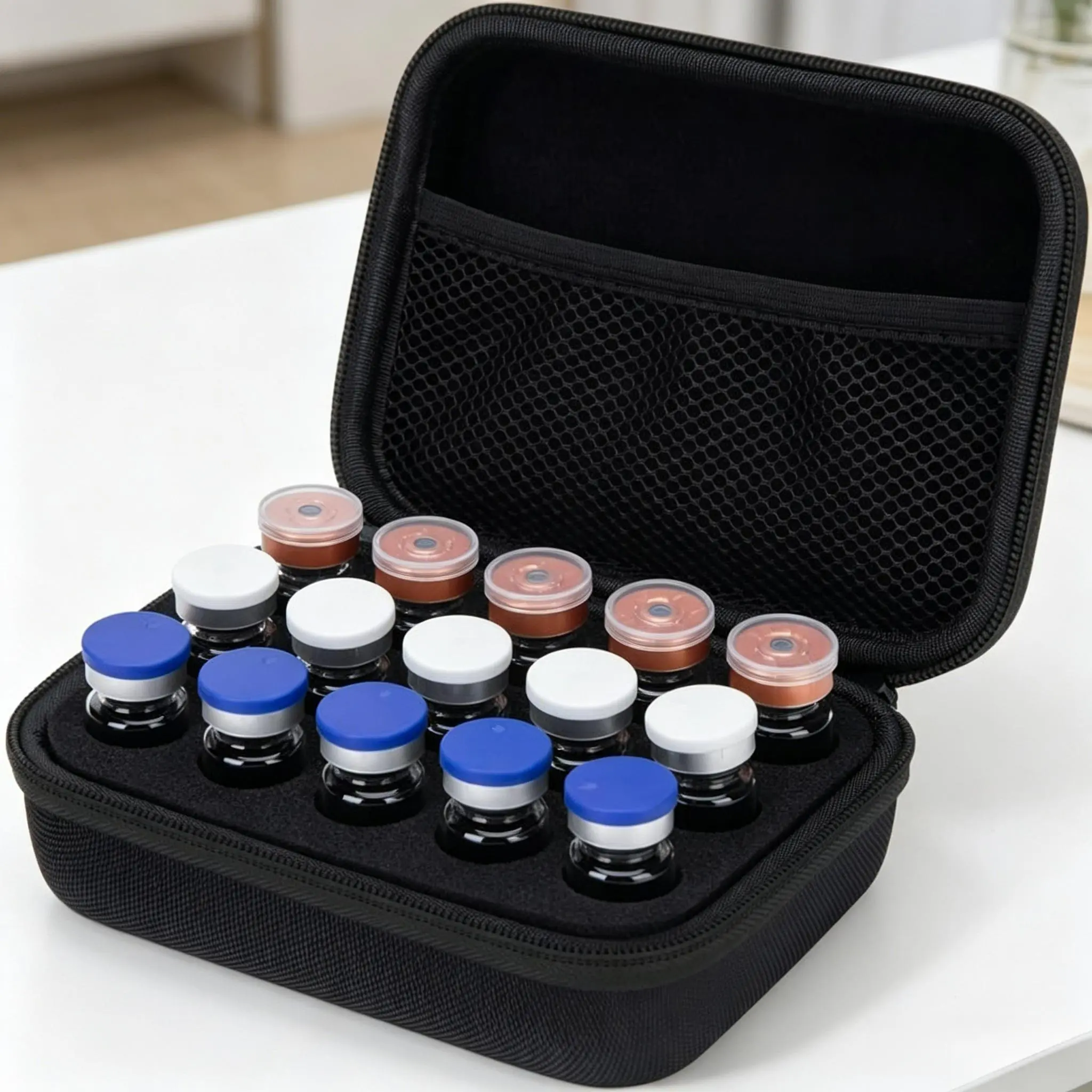 15-Slot Peptide & Insulin Multi-Vial Fridge Storage Organizer, Black EVA Protector for 10ml U-100 Vials, Fridge Storage Organizers, Dustproof Storage Bins