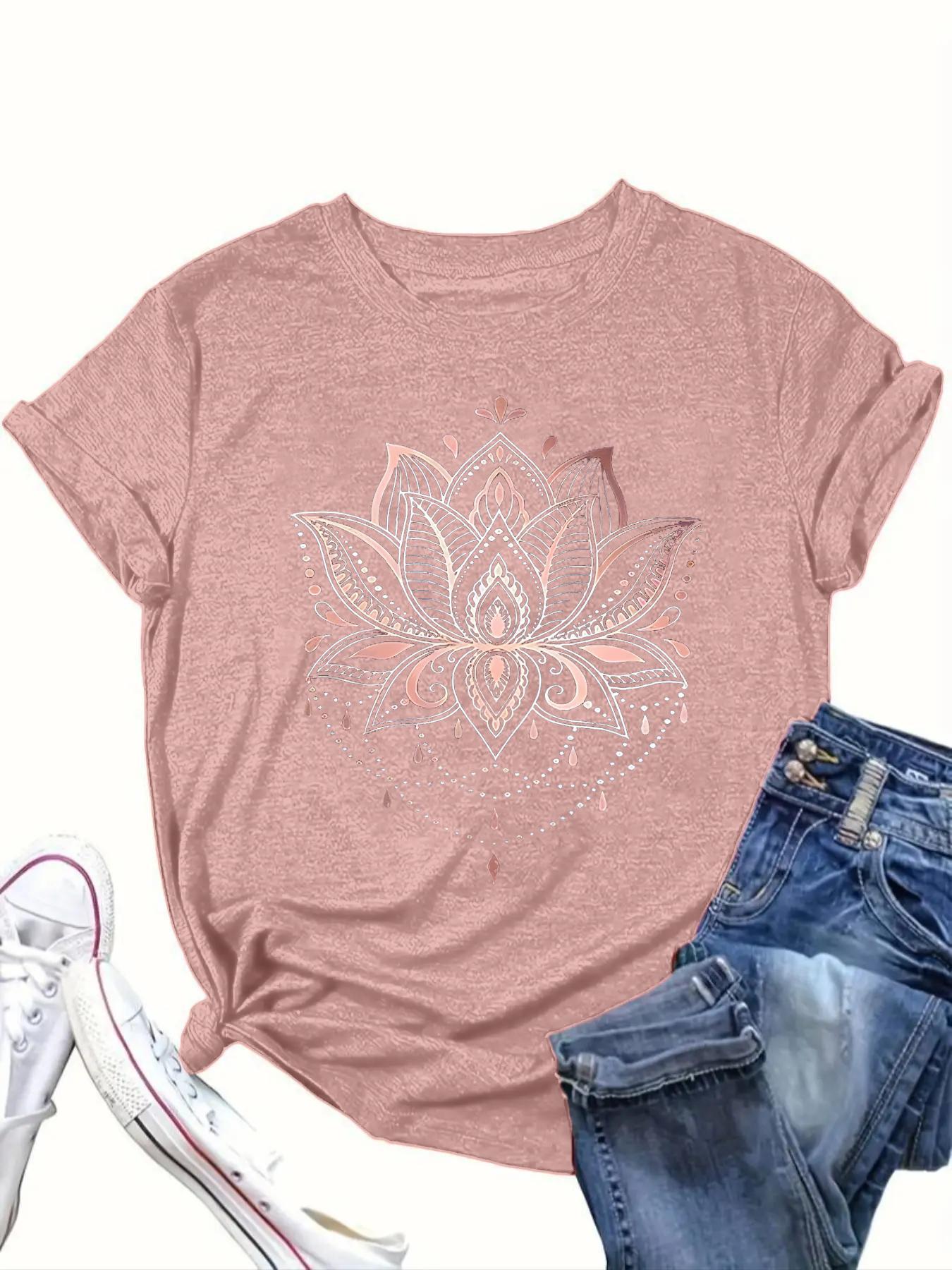 【Plus Size】 Lotus Graphic Tee, Boho Casual Crew Neck Short Sleeve Lightweight T-shirt for Daily Holiday Vacation Wear, Women Clothing for All Seasons