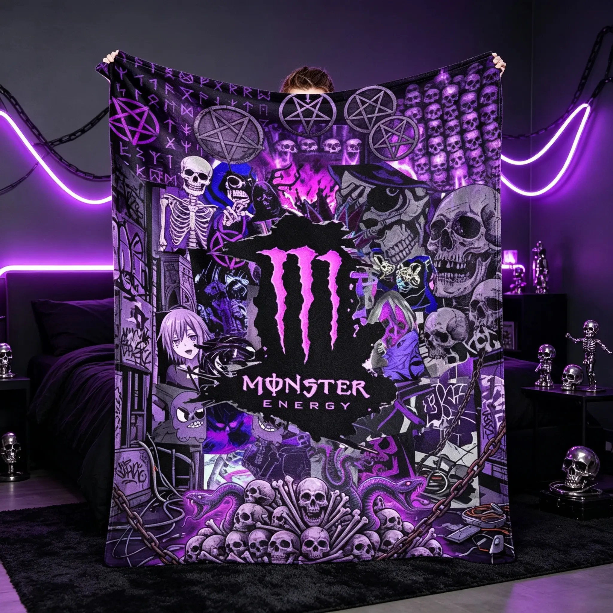 Gothic Skull Monster Energy Flannel Blanket Throw - Dark Purple Pentagram Print Throw Blanket, Soft Comfy Breathable Texture, Durable Fade-Resistant Lightweight, for Bedroom Daily Office Life, Gift for Alternative Style Lovers