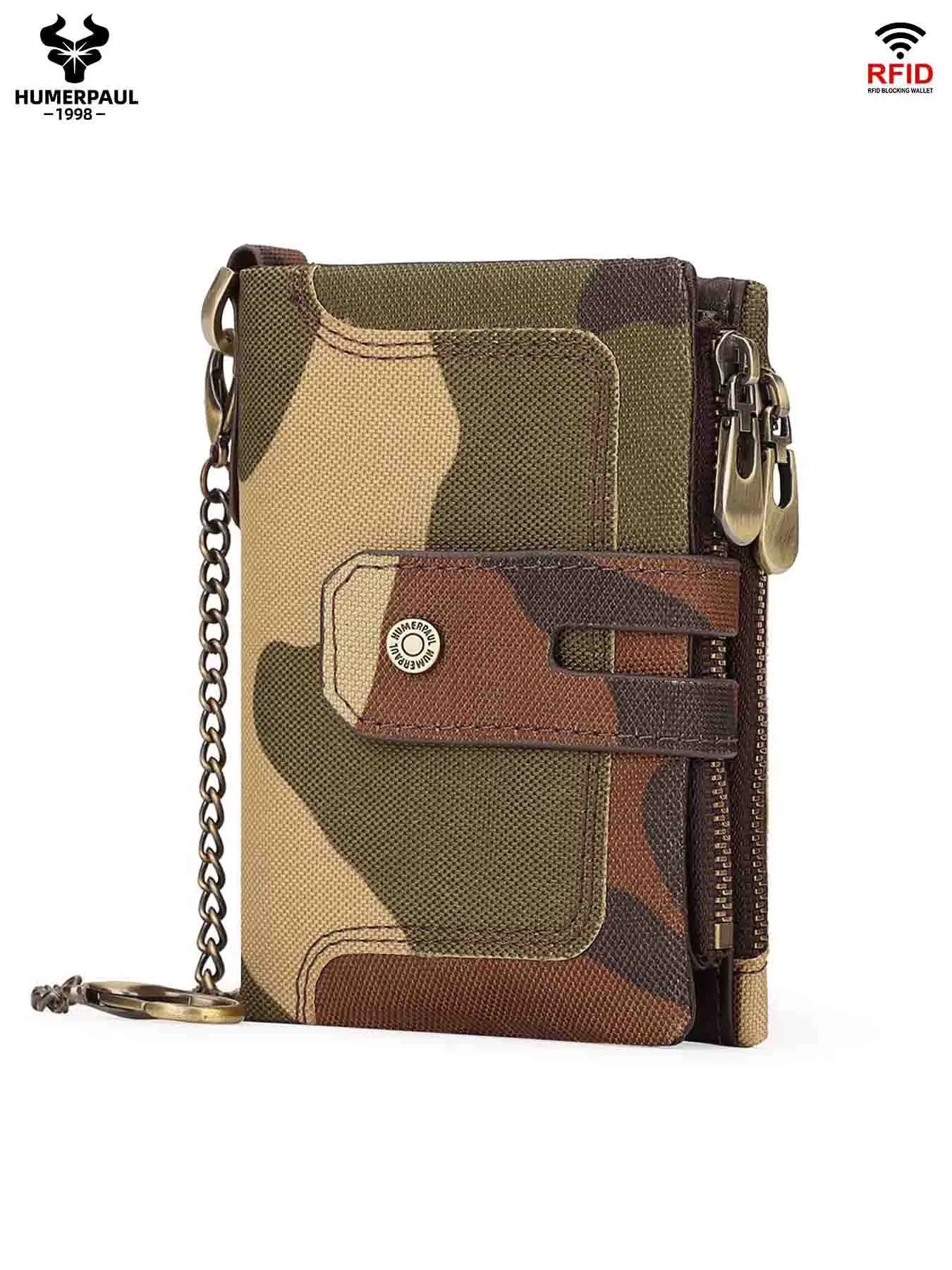 HUMERPAUL Men Oxford Leather Wallet Rfid Anti-Theft Short Wallet with Chain Photo Window SD Card Slot Multiple Compartments Business Gift