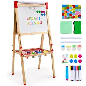 【DealsForYouDays】VEVOR Art Easel for Kids, 3-in-1 Wooden Double-Sided Kid's Art Easel with Magnetic Whiteboard, Chalkboard Paper Roll, Adjustable Standing Drawing Board with Painting Accessories for Boys and Girls