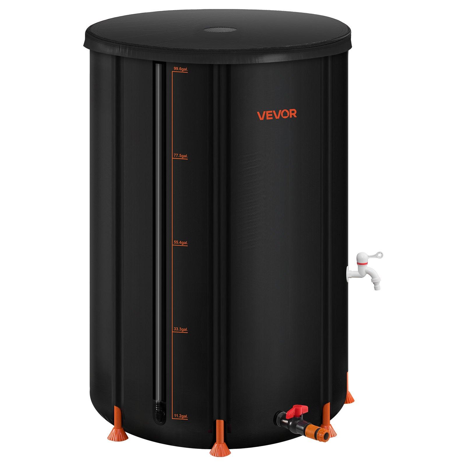 VEVOR Collapsible Rain Barrel, 100 Gallon Portable Rain Water Collection Barrel, 1000D PVC Rainwater Collection System, Garden Water Catcher Tank Storage Container with Spigot & Overflow Kit, Black