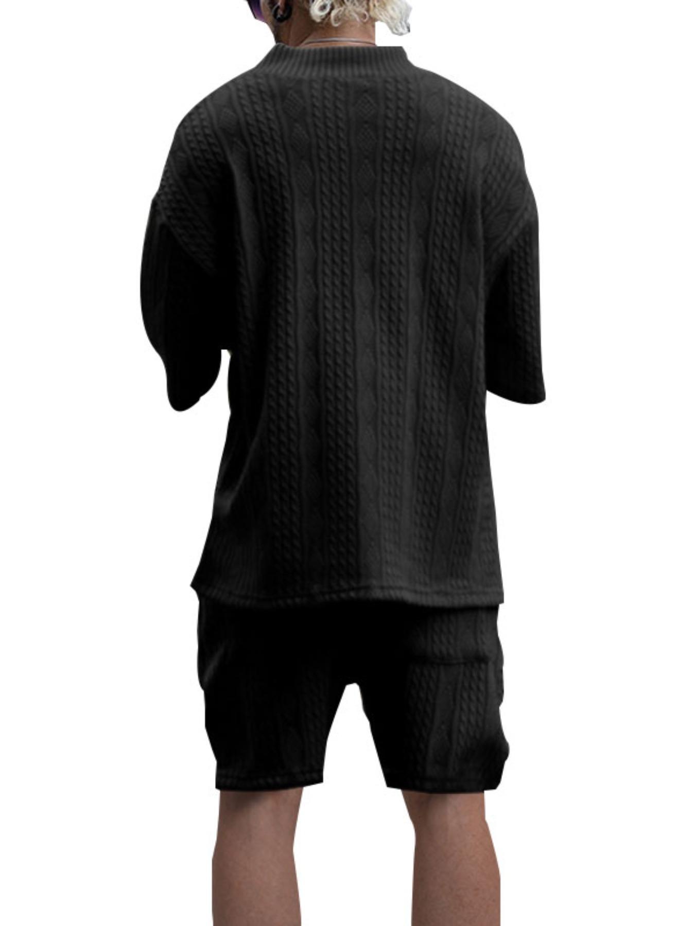 Men's Solid Drop Shoulder Knit Top & Shorts Two-Piece Set, Loose Casual Fashion Cozy Breathable Short Sleeve T-shirt & Shorts for Daily Outdoor Wear, Menswear for Summer, Clothing