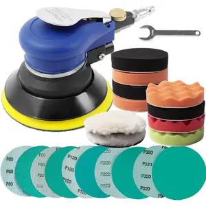 5 Inch Air Random Orbital Pneumatic Palm Sander for Auto Body Work, Includes 10 Polishing Sponge & Wool Pads, 10 Sandpapers Kit