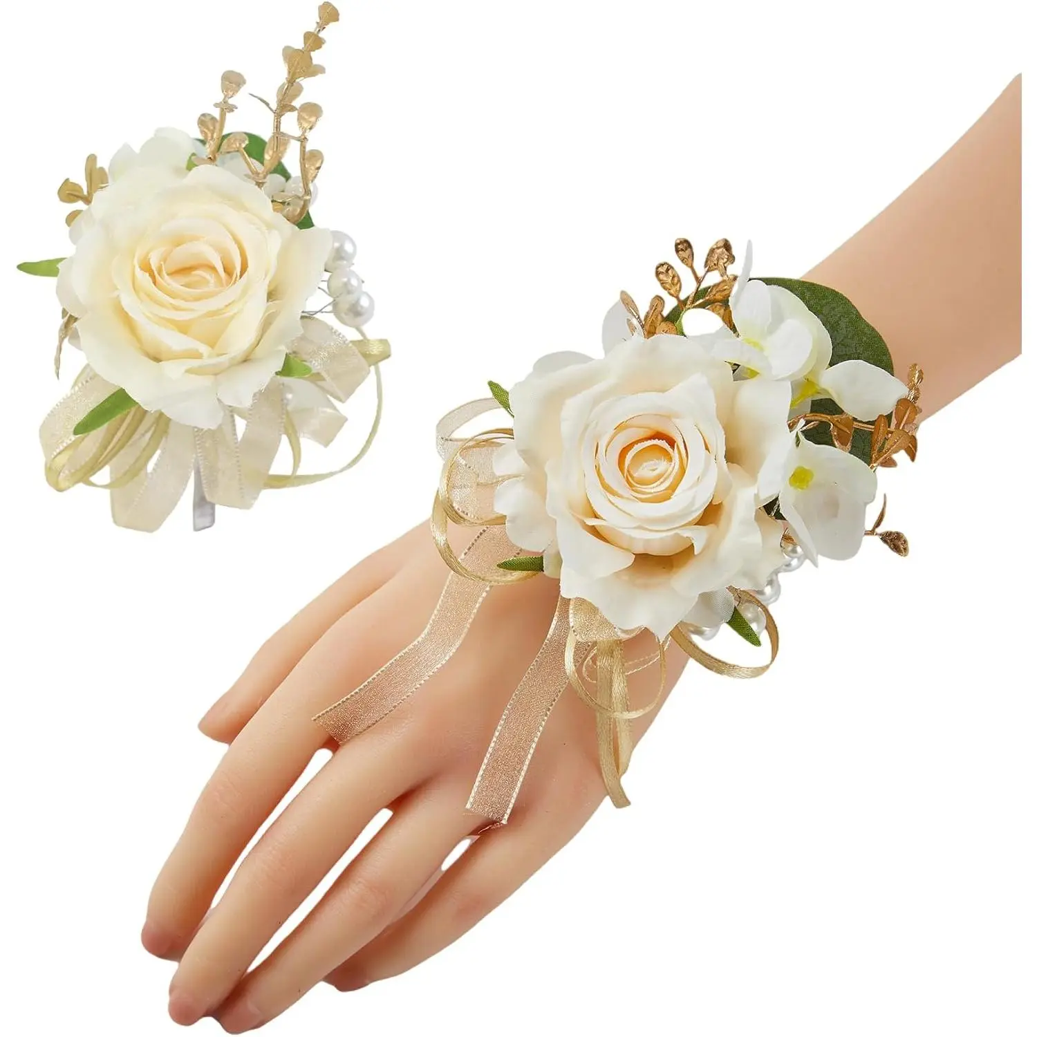 Champagne Corsage and Boutonniere Set,Boutonniere for Men,Groomsmen and Groom Boutonniere for Wedding,Rose Wrist Corsages Bracelets for Mother of Bride,Bridesmaids,Girls,Women,Prom,Homecoming