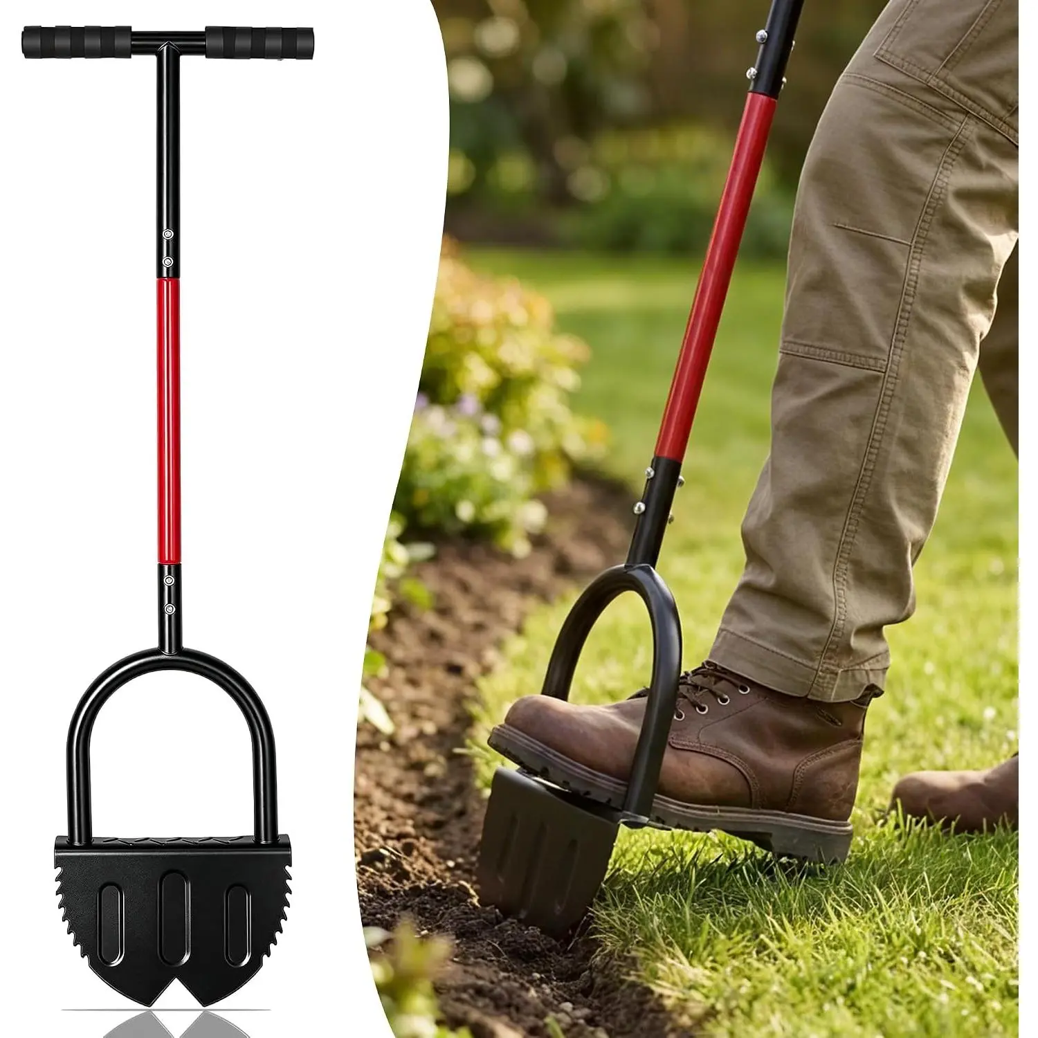 Manual Lawn Edger Tool, Half Moon Garden Edger for Turf & Bed Shaping | 37" Long Handle,  V-, Durable Solid Steel, Lawn Edging and Trenching Tool